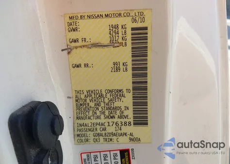 2010 Nissan Altima 2.5 S z USA, uszkodzony, nr VIN 1N4AL2EP4AC176388